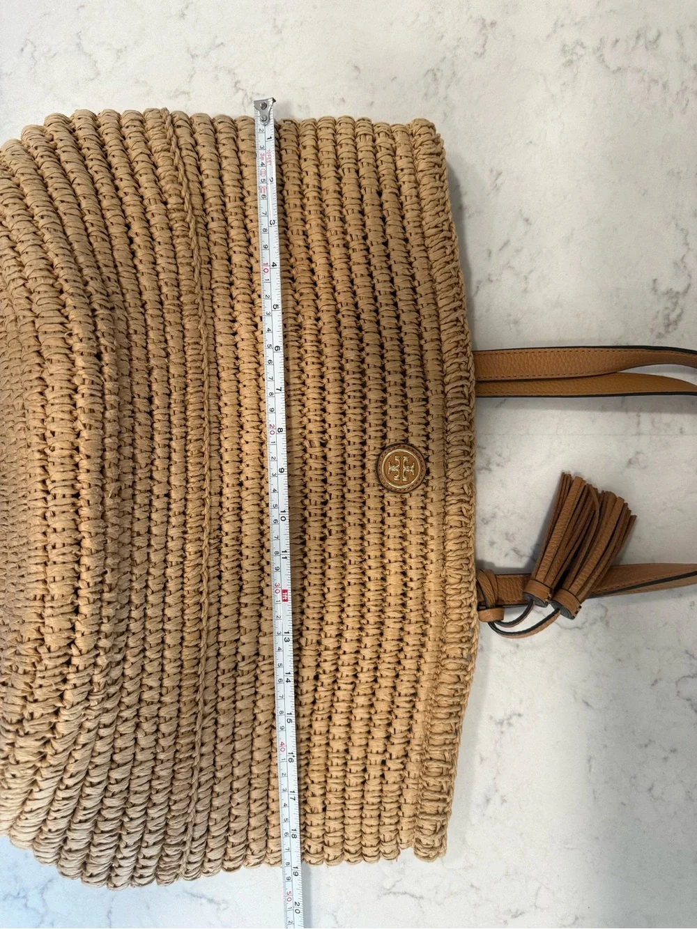 Tory Burch Woven Raffia Tote bag with Leather Tassel Trim in Tan